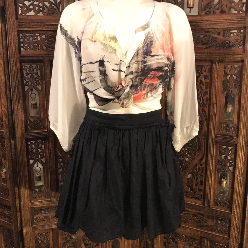 Black Skirt with Scalloped Embroidered Hemline.